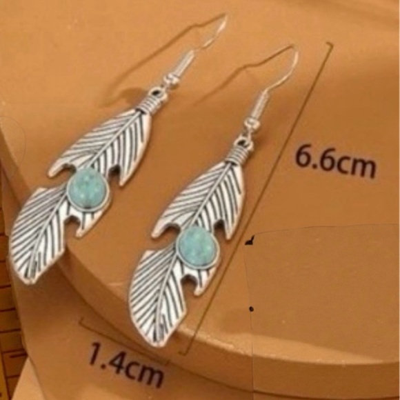 Two Pair of Silver with Turquoise Boho Earrings, Feathers and Small Round - Picture 9 of 10